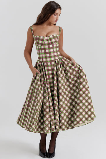 Woochic robe cocktail bretelles le motif à carreaux imprimée florale vert S